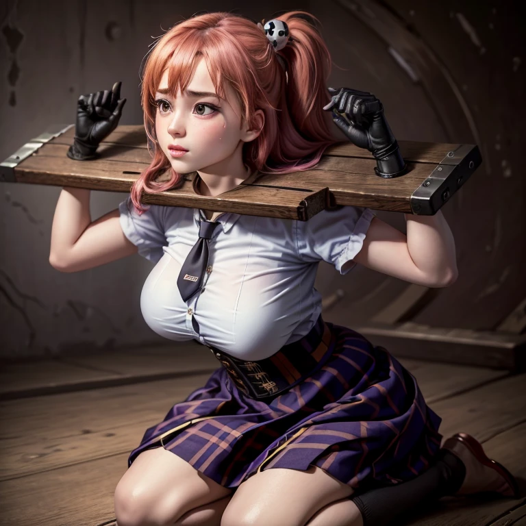 masterpiece, best quality:1.2), solo, 1girl, honoka , skull hair ornament, , purple jacket, necktie, single glove, black gloves, plaid skirt , steam , plaid skirt , pleated skirt , Tight shirt , white Shirt , school girl , red bow , red knot , big breast , big tits (pillory：1.5),(flail：1.2), flail on the head,A girl kneels on the ground，8k，ultra high resolution，ultra high definition，masterpiece，huge breasts，Anatomically correct