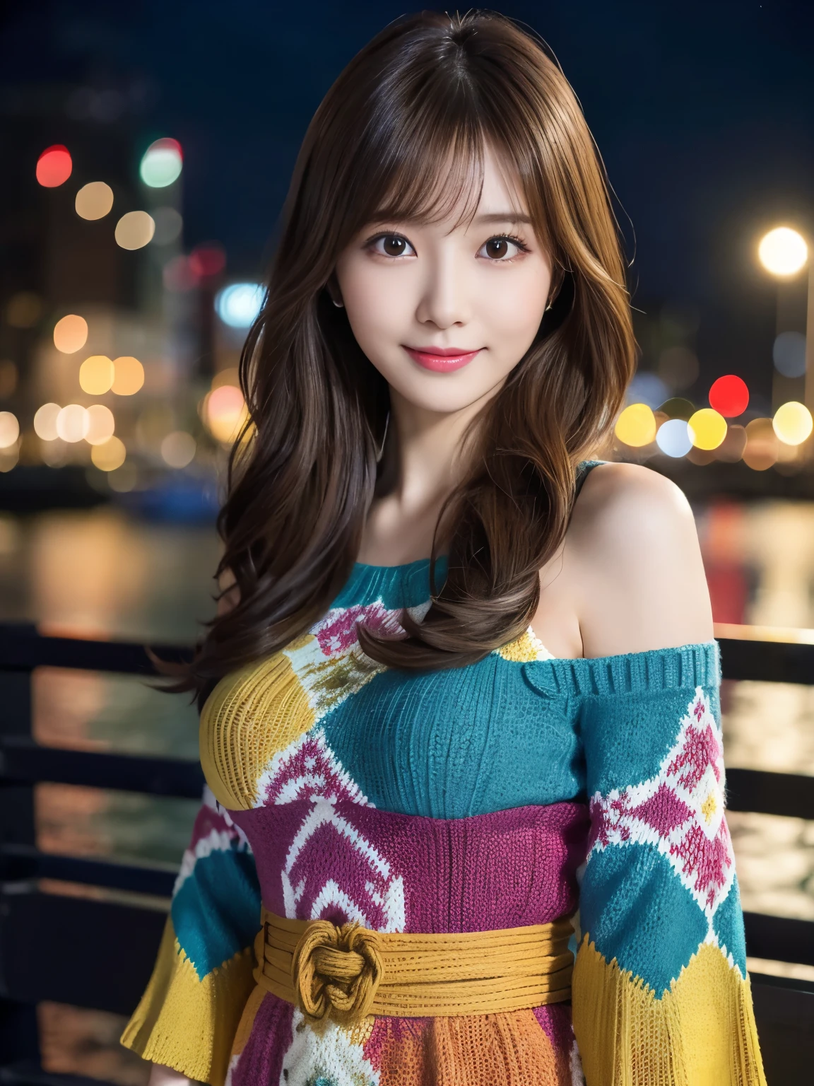 Masterpiece, 1 girl, A detailed eye, Puffy eyes, top-quality, high resolution, (Realistic: 1.4), cinematic lighting, Japanese, Asian Beauty, Super beauty, Beautiful skin, A slender, (A hyper-realistic), (high resolution), (8K), (High detailed), (beautifully detailed eyes), (Ultra-detail), (wall-), A detailed face, Bright lighting, professional lighting, looking at viewer, (The costume a colorful knitted dress), Long hair, Wave hair, hair messy, asymmetrical bangs, nighttime scene, Brown hair, Japan Idle, Korean Idol, posing Gravure Idol, age28, tall, smile, Sea Park scene, ((Random body orientation)),