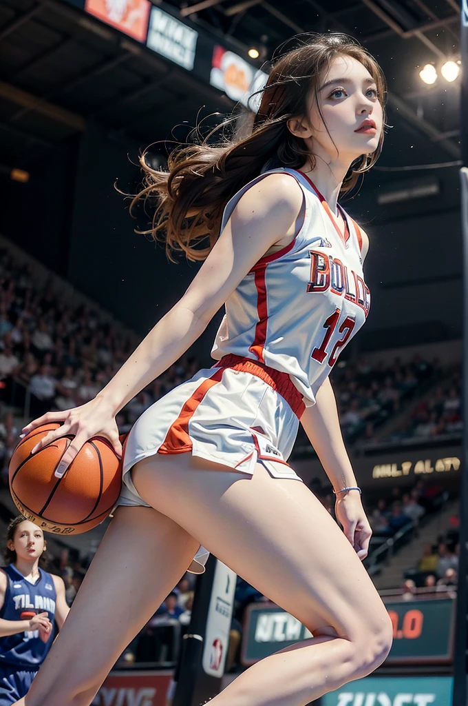 (((best quality))), (((ultra detailed))), (((masterpiece))), illustration, ((1girl,female basketball player,solo)),(slam dunk:1.3),(hands on the basket:1.3), intensity, determined expression, flushed face, perspiration, almond-shaped eyes, mesh jersey, team name and number, form-fitting shorts, athletic build, high-top basketball shoes, indoor basketball gym, well-lit, wooden floor, scoreboard, spectators, stands, action, impact, ball through the hoop, victory, achievement, dedication, skill,(basketball:1.3)