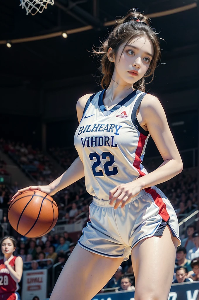 (((best quality))), (((ultra detailed))), (((masterpiece))), illustration, ((1girl,female basketball player,solo)),(slam dunk:1.3),(hands on the basket:1.3), intensity, determined expression, flushed face, perspiration, almond-shaped eyes, mesh jersey, team name and number, form-fitting shorts, athletic build, high-top basketball shoes, indoor basketball gym, well-lit, wooden floor, scoreboard, spectators, stands, action, impact, ball through the hoop, victory, achievement, dedication, skill,(basketball:1.3)