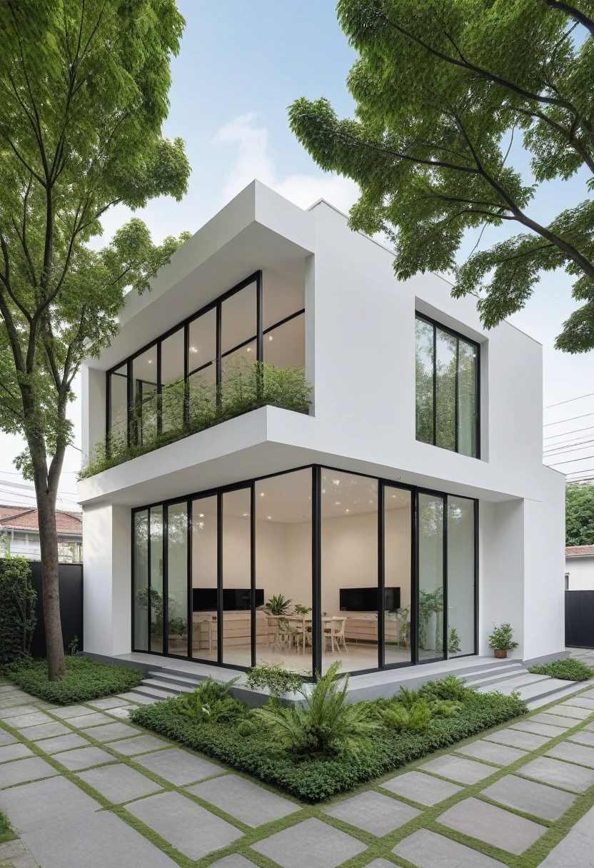 A modern single-story house with a chic furniture showroom. The facade is less than 5 meters wide, featuring large glass windows and doors, vertical display shelves, and well-placed lighting. The exterior has white and pastel tones with integrated green plants. Located on a corner with a sidewalk and trees, it has a welcoming atmosphere. The flat roof is topped with a green garden. The entrance door is large and prominent. The house has only one floor.