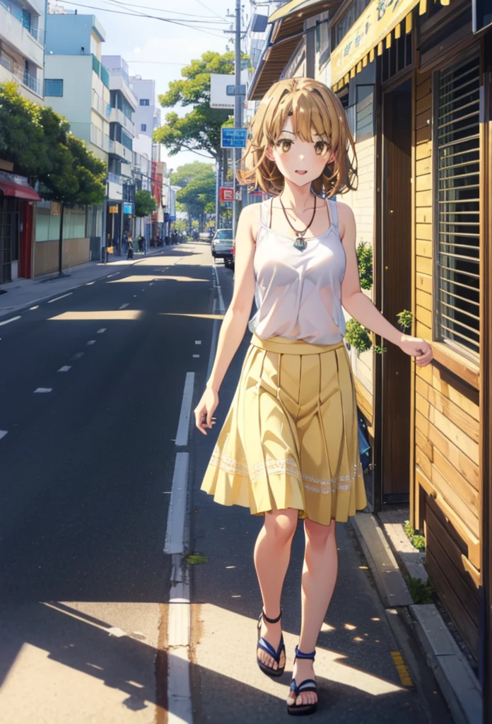 Irohaisshiki, isshiki iroha, One Woman,short hair, Brown Hair, (Brown eyes:1.5), happy smile, smile, Open your mouth,White hat,Yellow Tank Top,Locket Necklace,Long skirt,Heeled Sandals,Palm tree,True Summer,Daytime,Clear skies,Walking,whole bodyがイラストに入るように,
break outdoors,In town,Tropical,Okinawa　Kokusai Street,
break looking at viewer,whole body,
break (masterpiece:1.2), Highest quality, High resolution, unity 8k wallpaper, (figure:0.8), (Beautiful attention to detail:1.6), Highly detailed face, Perfect lighting, Highly detailed CG, (Perfect hands, Perfect Anatomy),