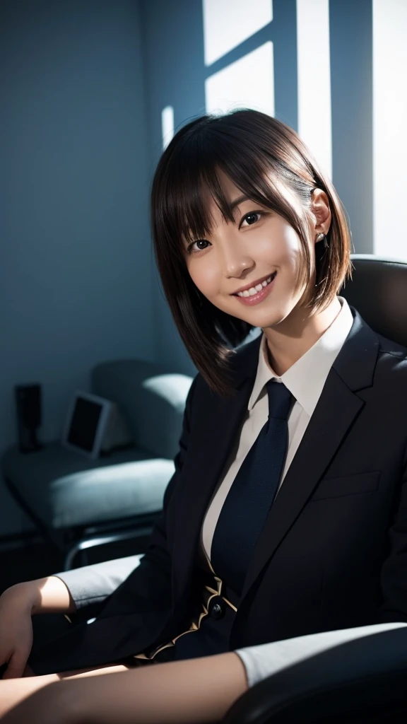 Dimly lit counselling room。A female psychological counselor in a suit sits in a chair、Smiling invincibly。His face was half in shadow、Partially illuminated by cold light。The background is dim、There&#39;s a shadow on the wall。The counselor&#39;s expression is eerie、The gaze is directly at the camera。The atmosphere in the room is heavy、There&#39;s a sense of tension。