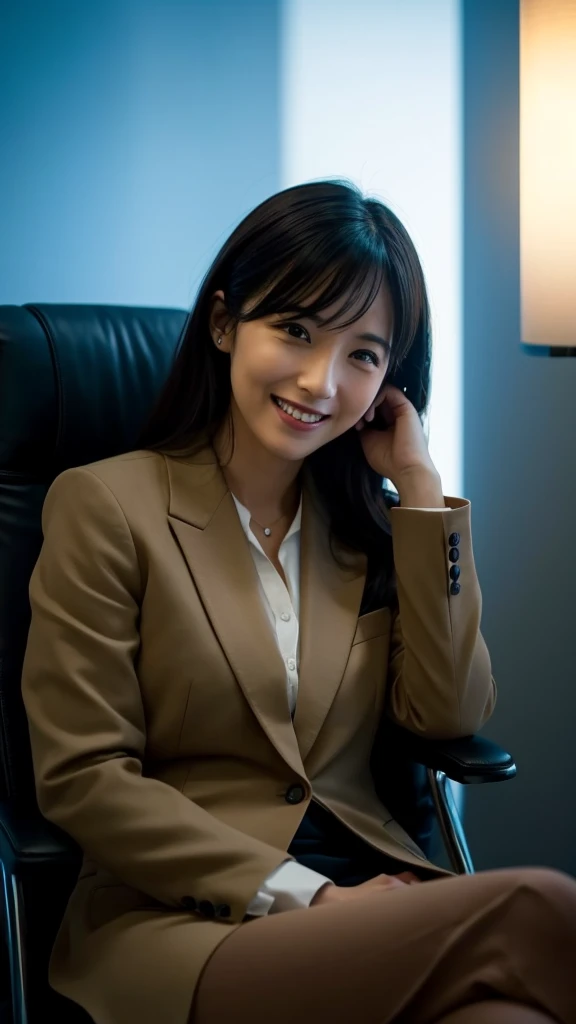 Dimly lit counselling room。A female psychological counselor in a suit sits in a chair、Smiling invincibly。His face was half in shadow、Partially illuminated by cold light。The background is dim、There&#39;s a shadow on the wall。The counselor&#39;s expression is eerie、The gaze is directly at the camera。The atmosphere in the room is heavy、There&#39;s a sense of tension。