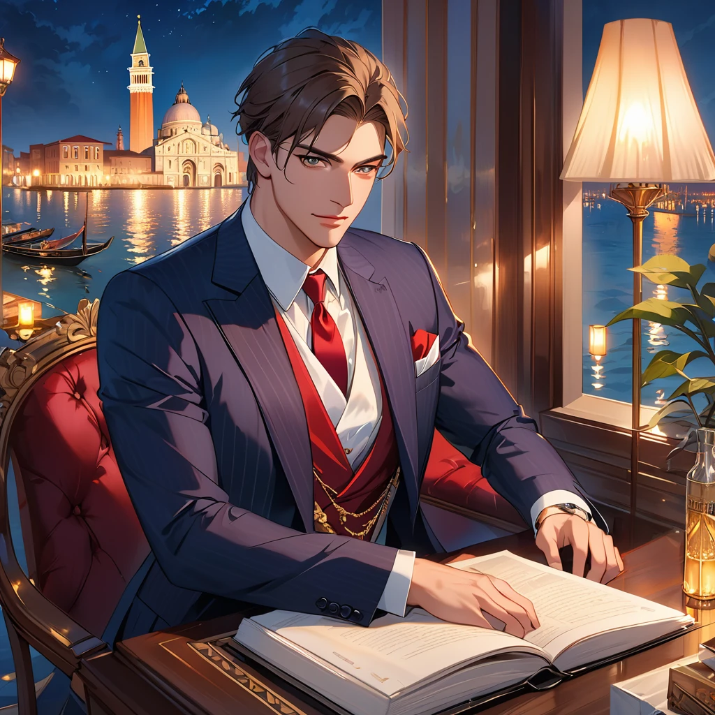 Reincarnation of Roman Emperor Constantine the Great, Independent man, 20th generation, hardworking and competent, skilled businessman, wearing a suit, honest, kind, Although mild-mannered、Ruthless if necessary, lion eyes, bright and sharp eyes, Night view of Venice, contemporary, Elegant and luxurious, Hyper image quality, super beautiful, Detailed and exquisite,