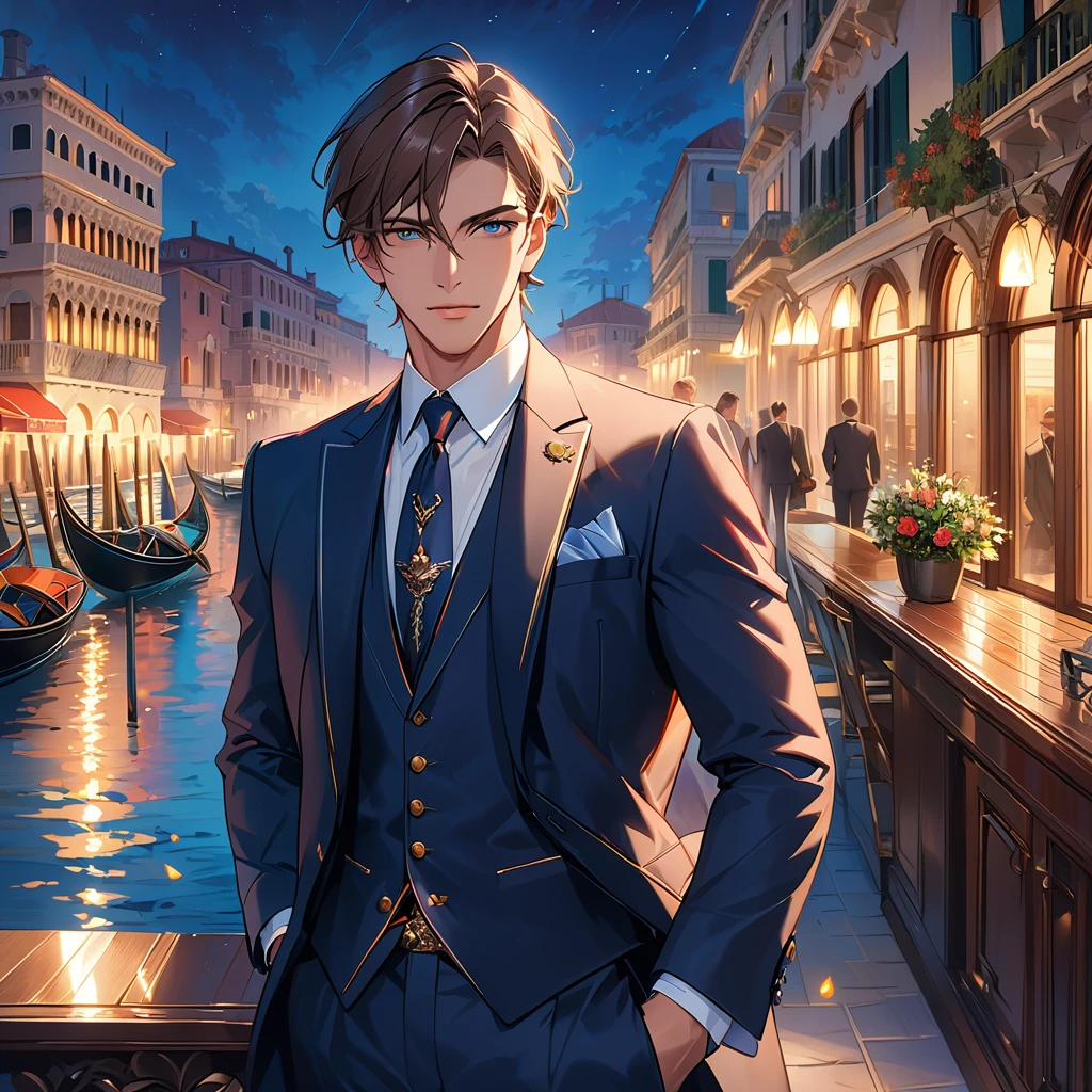 Reincarnation of Roman Emperor Constantine the Great, Independent man, 20th generation, hardworking and competent, skilled businessman, wearing a suit, honest, kind, Although mild-mannered、Ruthless if necessary, lion eyes, bright and sharp eyes, Night view of Venice, contemporary, Elegant and luxurious, Hyper image quality, super beautiful, Detailed and exquisite,