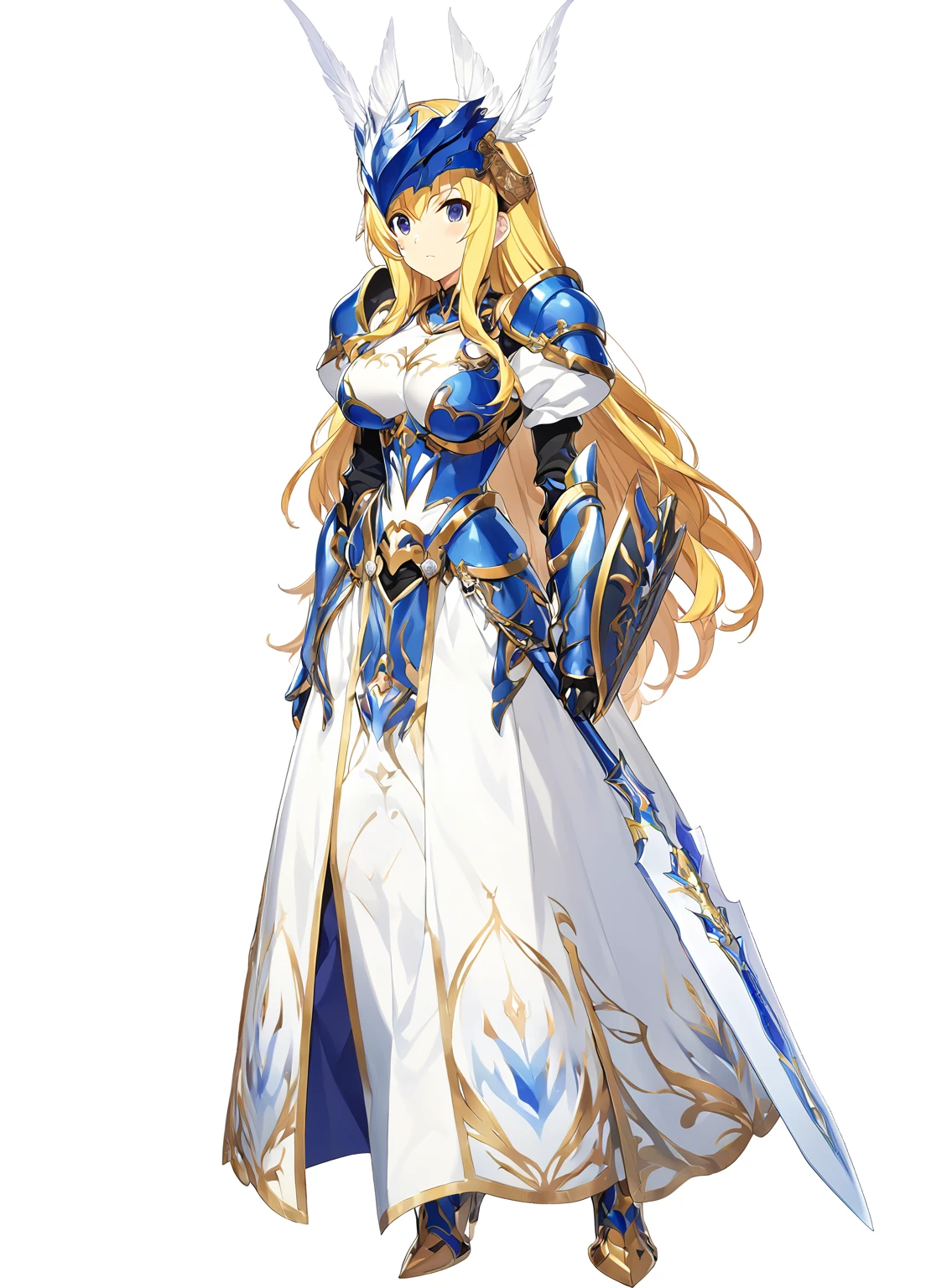 high quality, high resolution, high qualityのゲームアートスタイル, whole body,Valkyrie,perfect hand,Official Art, Smooth game CG art, Visual Novel Sprites, White background,Smooth game CG art, (((Woman with a long spear))),A woman wearing a white dress and blue armor, An intricately designed helmet with white feathers,Small shield, (((In his right hand he holds an elaborate long spear))),Exquisite Blue Armor,Golden Hair, long hair, female knight, Rin々Shii,Large Bust,20-year-old,
