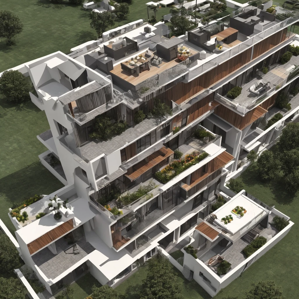 4 storeyed residential building, Modern Architecture Design, Roof Floor has open Terrance and beautiful roof garden, building has 80% while color theme, tiles are black and gray, daylight