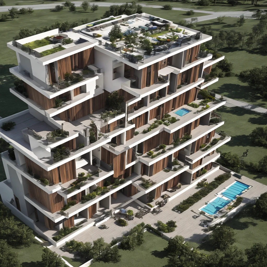4 storeyed residential building, Modern Architecture Design, Roof Floor has open Terrance and beautiful roof garden, building has 80% while color theme, tiles are black and gray, daylight