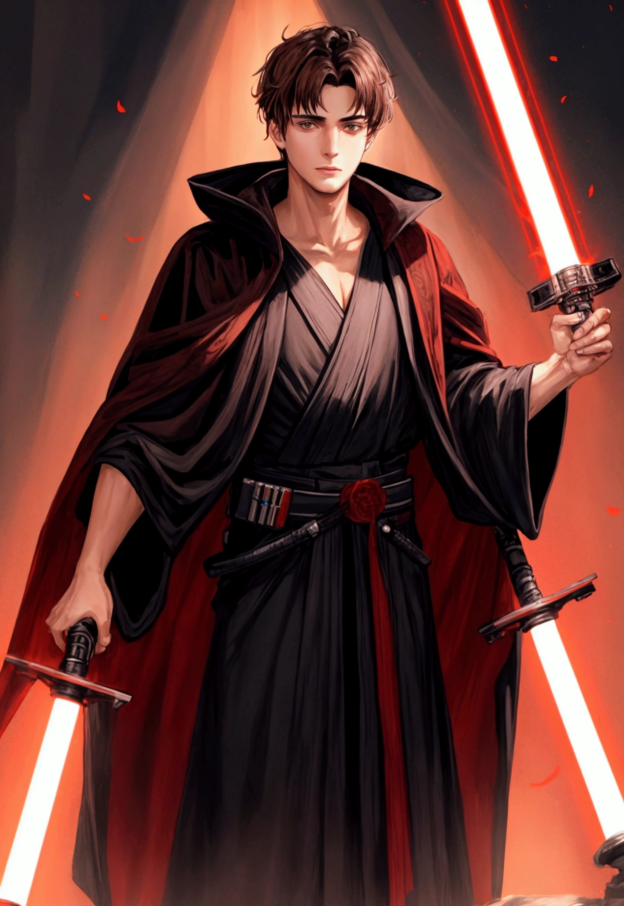25 year old man with brown hair, brown eyes, wearing a black robe holding a red lightsaber
