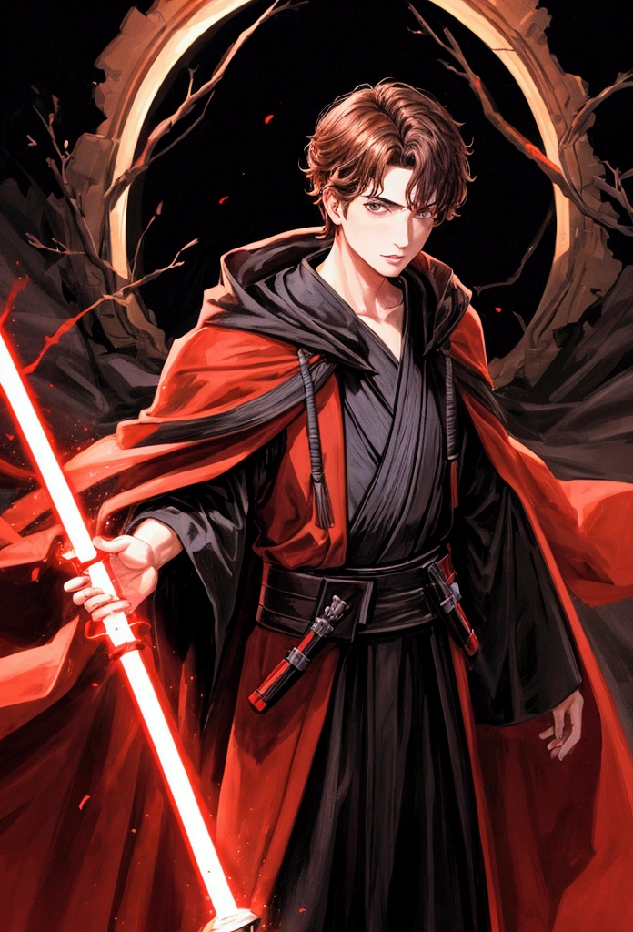 25 year old man with brown hair, brown eyes, wearing a black robe holding a red lightsaber