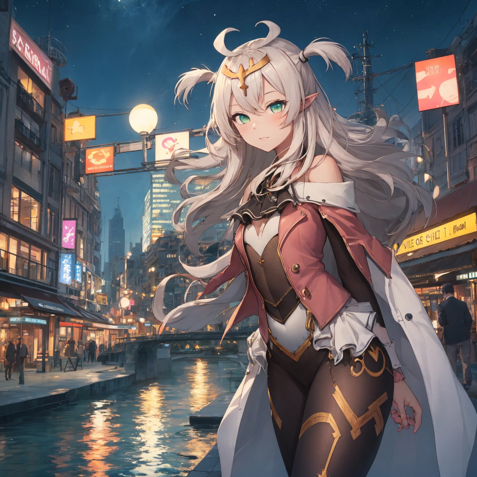 masterpiece, best quality, highres BREAK
dslili, green eyes, long hair, two side up, hair ornament, pointy ears, ahoge, small breasts, leotard, covered navel, pantyhose, ribbon, ascot, 1girl, solo BREAK cityscape, neon lights, lake, night, night sky, staring at the city, colorful city
