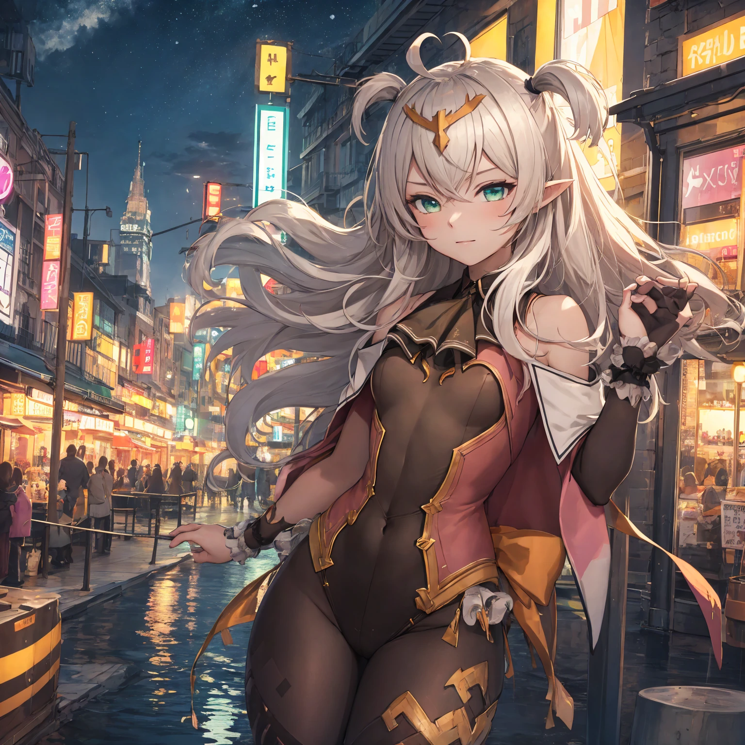 masterpiece, best quality, highres BREAK
dslili, green eyes, long hair, two side up, hair ornament, pointy ears, ahoge, small breasts, leotard, covered navel, pantyhose, ribbon, ascot, 1girl, solo BREAK cityscape, neon lights, lake, night, night sky, staring at the city, colorful city