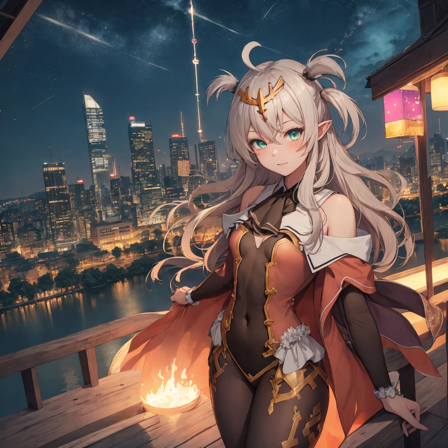 An elf woman, very black tanned skin, beautiful silver hair, pointed ears, beautiful red eyes, thick pink lips, ponytail, shiny black rubber suit, beautiful body line, upper body description, dear smile, open lips, close-up, 8K, night, pitch-black skyscraper rooftop, starry sky,