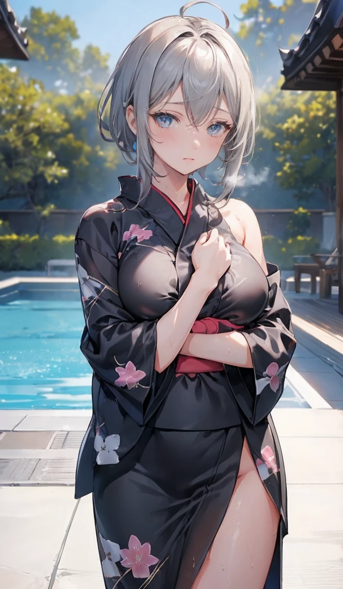 ((NSFW:1.8,female ,masturbation,Black yukata)),beautiful, masterpiece, Highest quality, Hello, And soul, One Girl, Medium Chest, Portrait Shot, Look at the viewers, Outdoor swimming pool, Wet skin, Intricate details,>,((Covered),Leg spread,masturbation,Embarrassed face,Sweat,Shortcuts,Short Hair,Gray Hair,Messy hairstyle