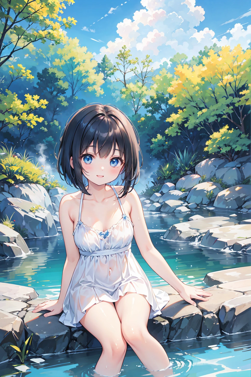 hand between legs，，（​masterpiece，Highest Quality），Turquoise tankini，Pasture，A dark-haired，playing in the water