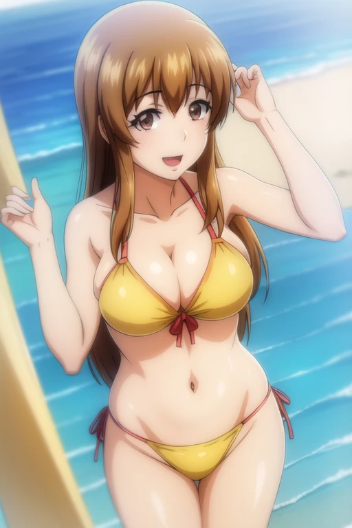 best quality, (masterpiece:1.2), highly detailed, standing, beach, mature woman,
1girl, solo, kotegawa nanaka,
looking at the viewer, open mouth, smile,
brown eyes, brown hair, long hair, slingshot bikini, yellow bikini