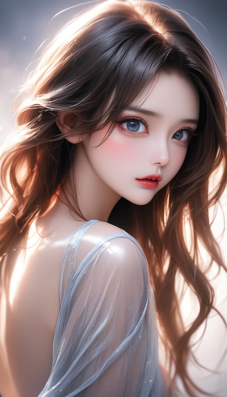 beautiful woman turns around, brushing her hair back, glossy smooth hair, shiny big eyes, sighing lips, make-up, attractive and seductive expression, great Proportions, 2.5D, delicate and dynamic, foggy filter effect, beautiful effects, Cute Girl
