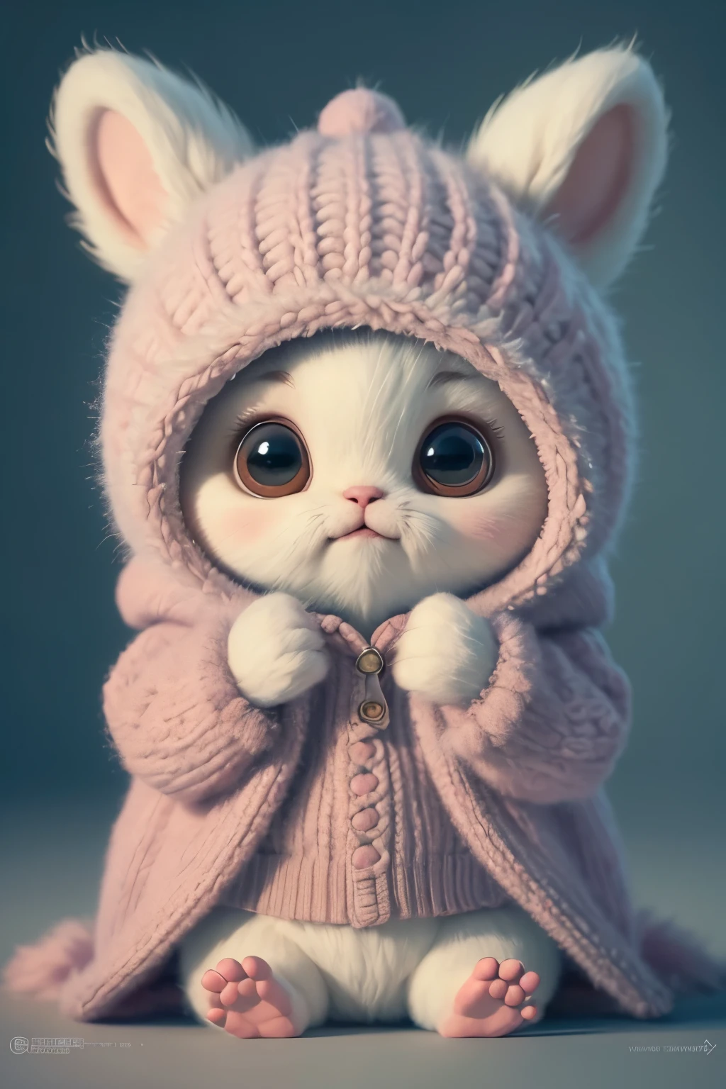 Close-up of a cute furry monster, zbrush central contest winner, cute look and expression, wearing knitted furry hooded coat, TV commercial, cute and crazy, laugh-inducing movements, Pixar movie animated character, soft camrea Shots, pastel tones, colors inspired by the Grand Budapest Hotel, ultra-textured details,