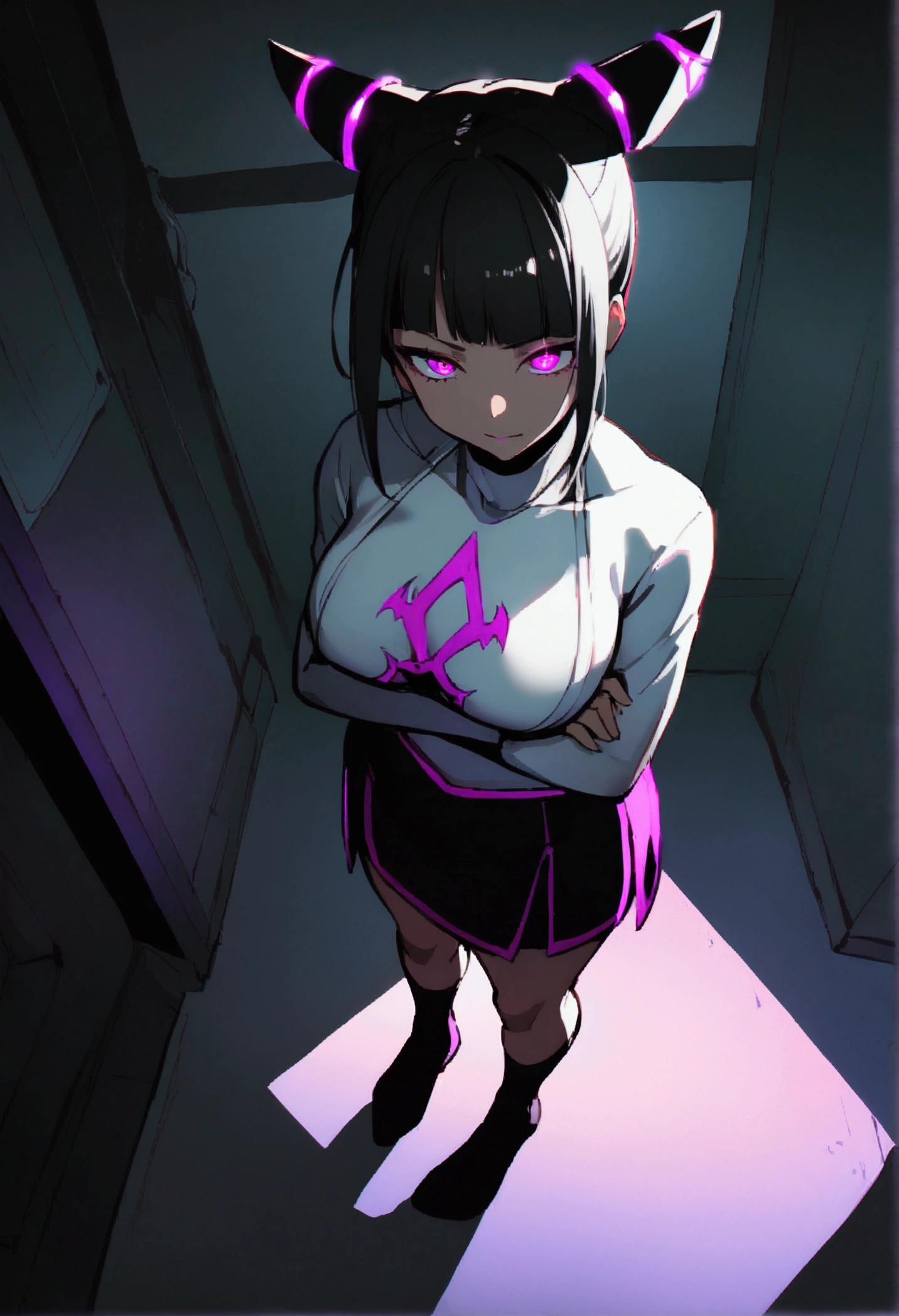juri han, view from above,staring overhead,1 girl ,standing alone,staring overhead,tight white turtleneck sweatshirt,black socks,standing,arms crossed,room,plant,glowing purple eyes,black short skirt,black glove,large bosom,low lighting,ombre,glowing purple eyes,evil smile,bangs on the eyes,hair horns,staring overhead