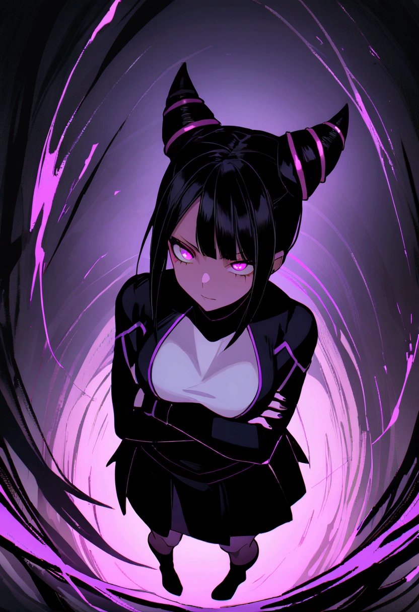 juri han, view from above,staring overhead,1 girl ,standing alone,staring overhead,tight white turtleneck sweatshirt,black socks,standing,arms crossed,room,plant,glowing purple eyes,black short skirt,black glove,large bosom,low lighting,ombre,glowing purple eyes,evil smile,bangs on the eyes,hair horns,staring overhead