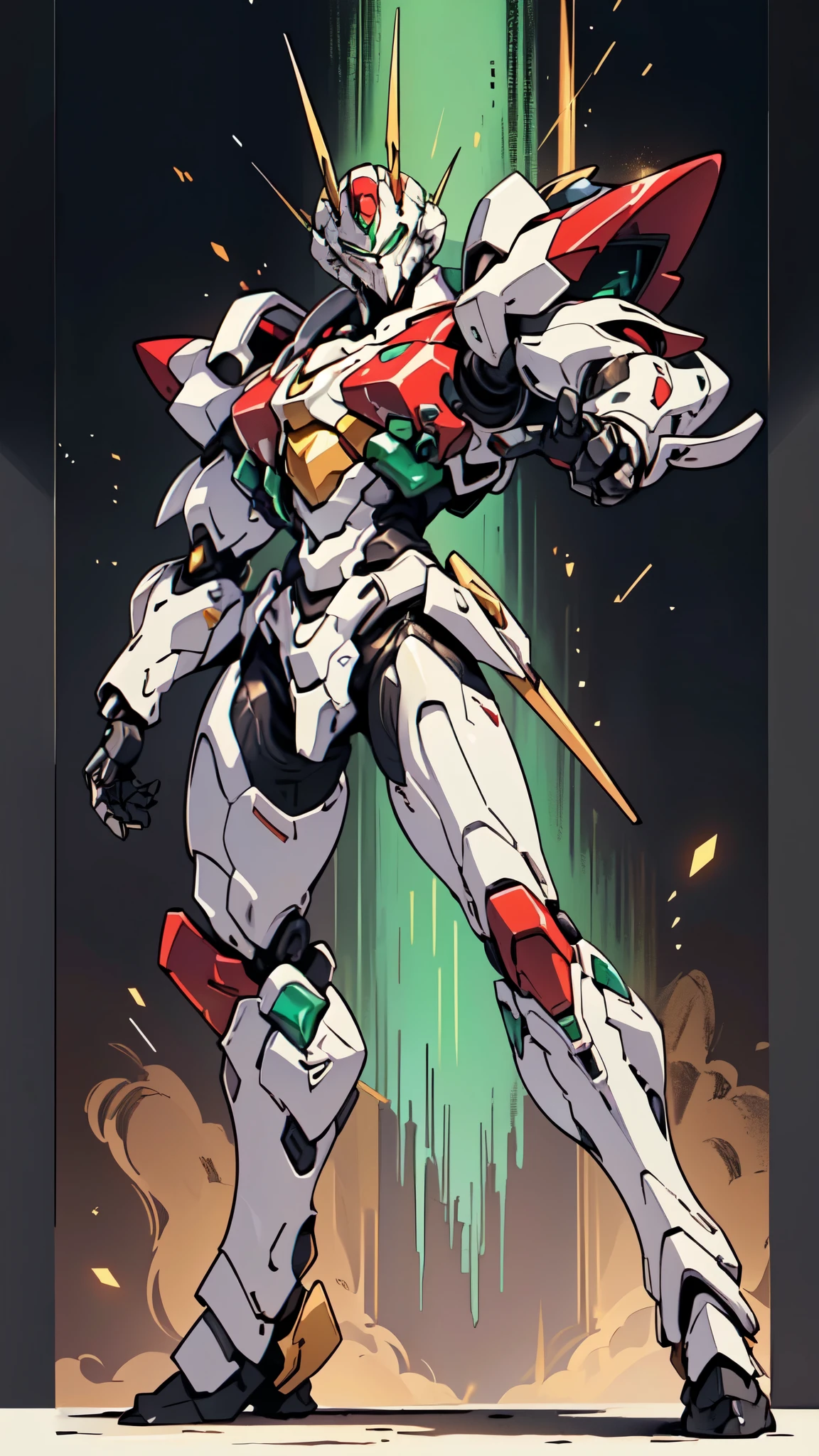 (masterpiece:1.5, best quality:1.5, extremely delicate:1.5, foreshortening:1.5, dynamic angle:1.5), a man wearing a full-face helmet, a fantasy-style biotech armored combat suit, green eyes, (a composite layered chest armor), fully enclosed shoulder guards, matching arm and leg guards, belt of Neon circuit, (the color scheme is primarily white with red green accents), the design balances heavy with agility, a high-tech bio-mecha armor, (Armor Concept Inspired by neon Cyberpunk, stand on the top of a skyscraper in a futuristic sci-fi city), this character embodies a finely crafted fantasy-surreal style armored hero in anime style, exquisite and mature manga art style, (element, plasma, energy, the armor glows), ((male:1.5)), metallic, high definition, highres, ultra-detailed, ultra-fine painting, professional, perfect body proportions, golden ratio, anatomically correct, symmetrical face, extremely detailed eyes and face, high quality eyes, creativity, RAW photo, UHD, 32k, Natural light, cinematic lighting, masterpiece-anatomy-perfect