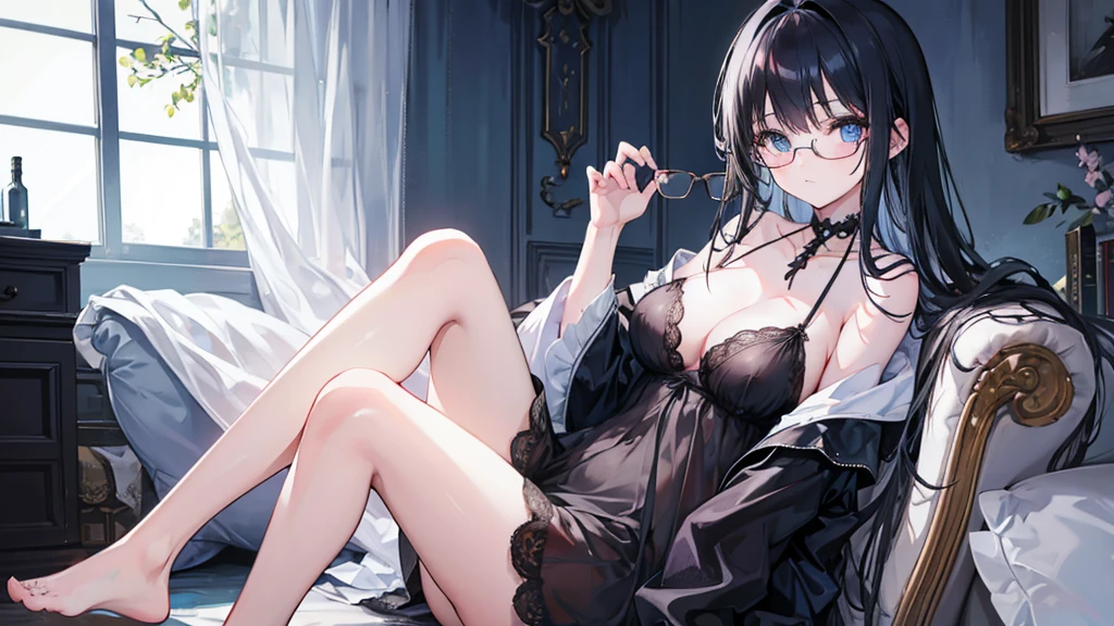 young girl, negligee, light blue eyes, black hair, glasses, quiet, elegant