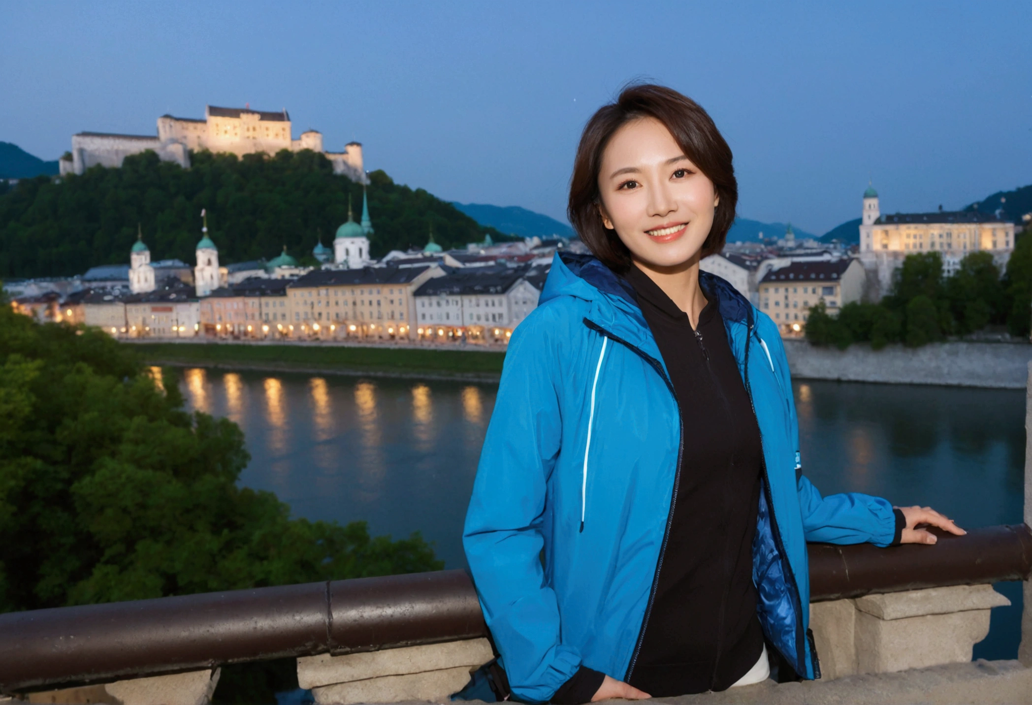 high quality, 1 woman, ((36-year-old healthy Korean woman)), ((36 years old)), 1 woman, eyes are big and beautiful. ((slim)), ((short medium hair)), Smile. pose: standing, windbreaker jacket, background:Your residence is a baroque townhouse with a plaster façade and wrought iron railings.. Overlooking the Salzach River and Hohensalzburg Fortress, night view, Street lamp, looking slightly up, 1 woman, Full body shot with Canon 16-34 wide angle lens, river view, looking up the side