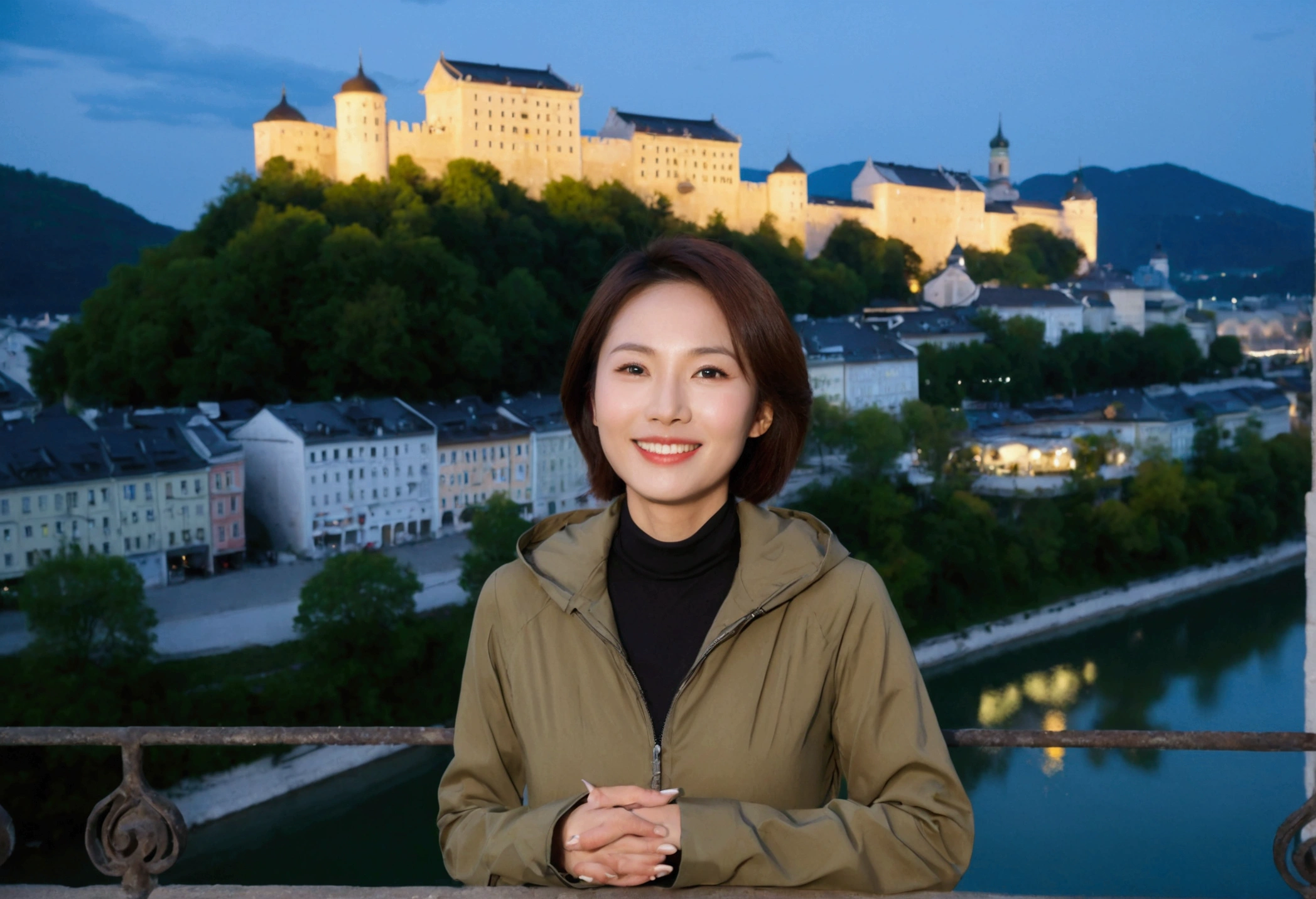 high quality, 1 woman, ((36-year-old healthy Korean woman)), ((36 years old)), 1 woman, eyes are big and beautiful. ((slim)), ((short medium hair)), Smile. pose: standing, windbreaker jacket, background:Your residence is a baroque townhouse with a plaster façade and wrought iron railings.. Overlooking the Salzach River and Hohensalzburg Fortress, night view, Street lamp, looking slightly up, 1 woman, Full body shot with Canon 16-34 wide angle lens, river view, looking up the side