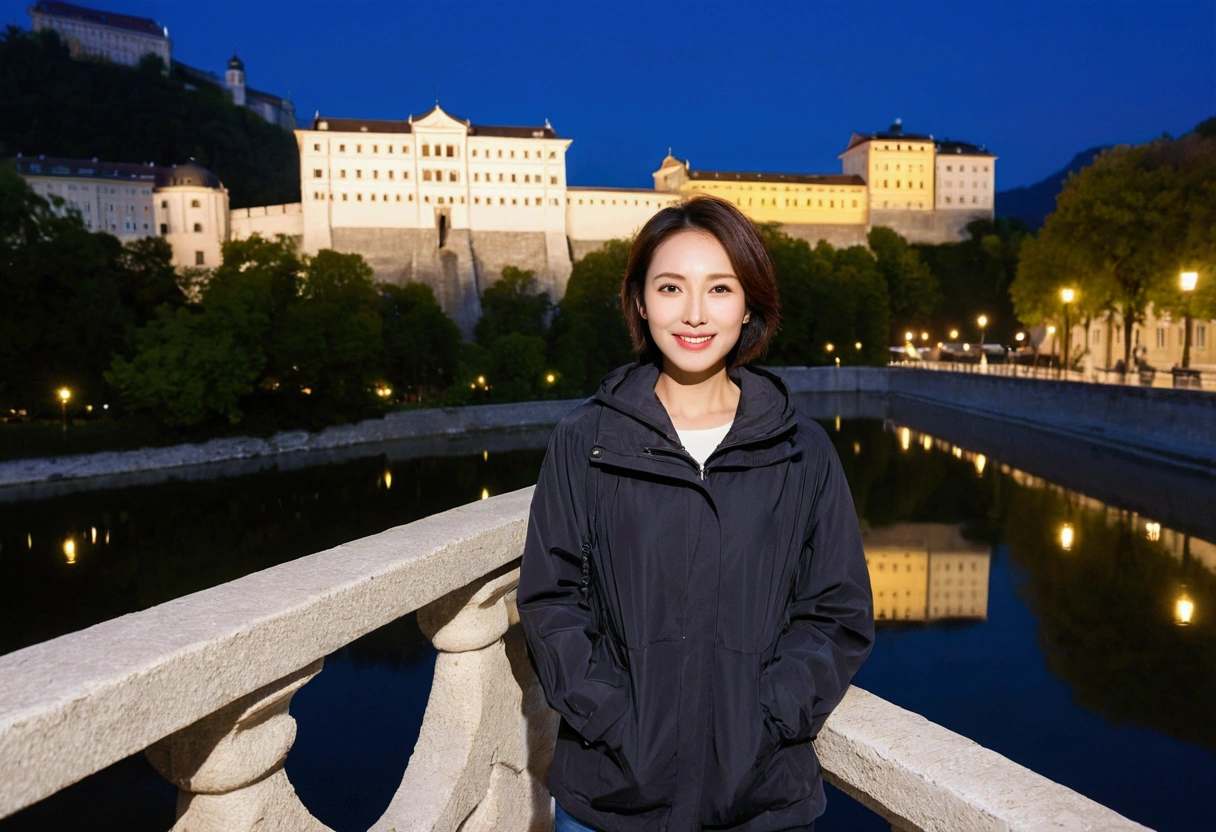 high quality, 1 woman, ((36-year-old healthy Korean woman)), ((36 years old)), 1 woman, eyes are big and beautiful. ((slim)), ((short medium hair)), Smile. pose: standing, windbreaker jacket, background:Your residence is a baroque townhouse with a plaster façade and wrought iron railings.. Overlooking the Salzach River and Hohensalzburg Fortress, night view, Street lamp, looking slightly up, 1 woman, Full body shot with Canon 16-34 wide angle lens, river view, looking up the side