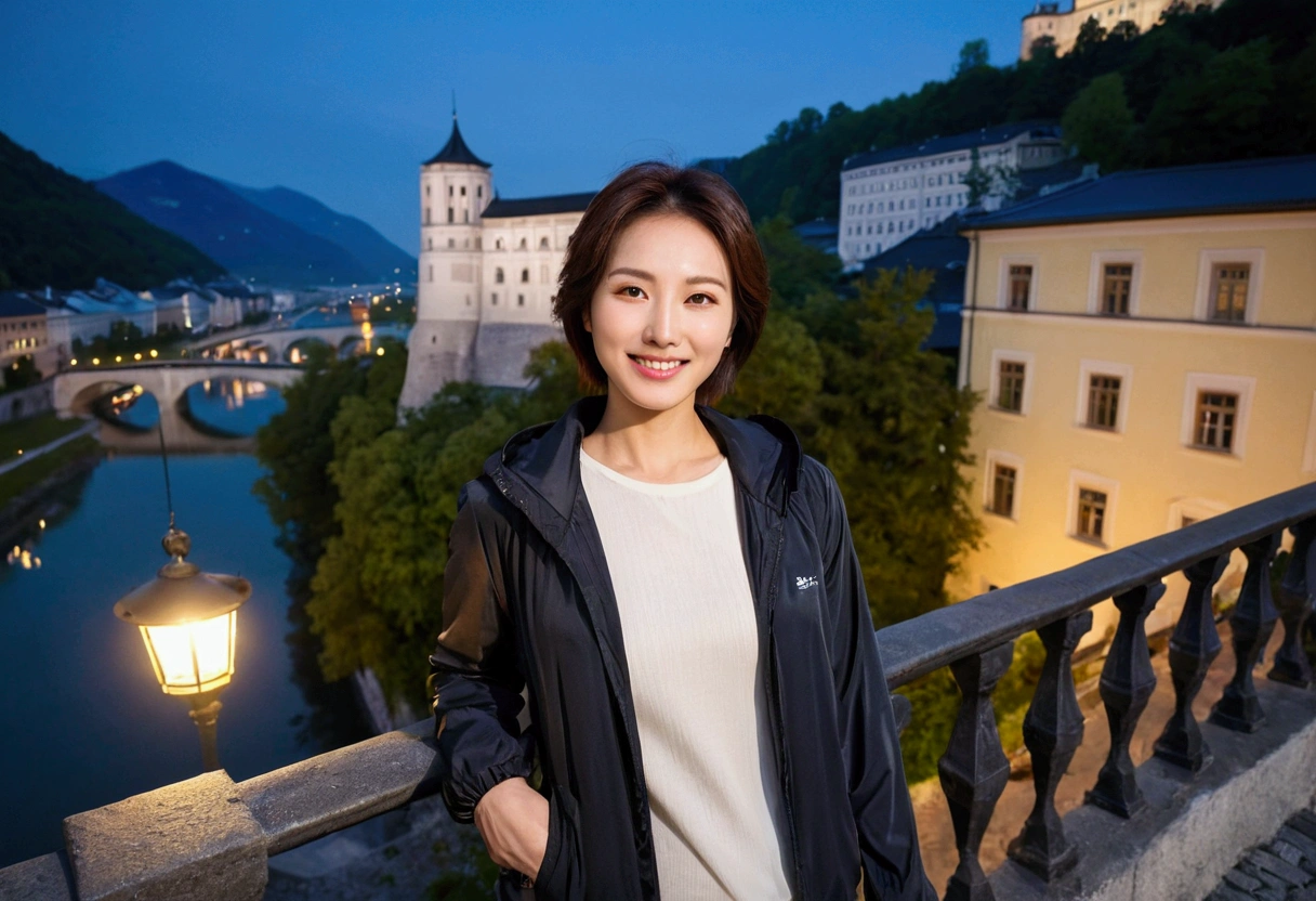 high quality, 1 woman, ((36-year-old healthy Korean woman)), ((36 years old)), 1 woman, eyes are big and beautiful. ((slim)), ((short medium hair)), Smile. pose: standing, windbreaker jacket, background:Your residence is a baroque townhouse with a plaster façade and wrought iron railings.. Overlooking the Salzach River and Hohensalzburg Fortress, night view, Street lamp, looking slightly up, 1 woman, Full body shot with Canon 16-34 wide angle lens, river view, looking up the side