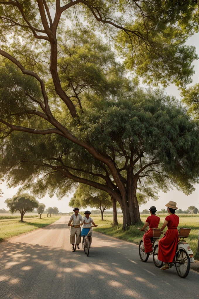 Photo , hyper realistic photo, a young couple of myanmar , wearing old fashion 1950 costume style , riding a bicyle under a big peacock tree, along in red med road, peacefully and happily, in country side, summer daylight.