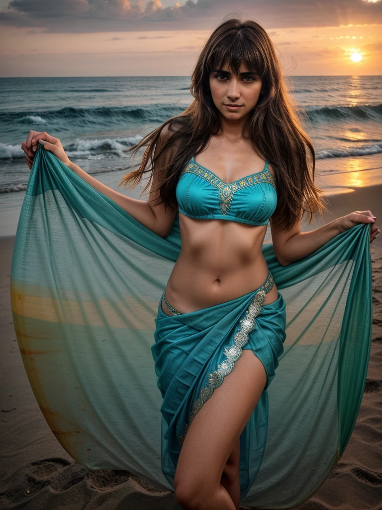 (((Chara Sophia))) 1Girl 18 years old, only, long messy hair, bangs, midsize , brunette hair, fullbody, realistic lips girl, sexy saree choli, sea, surfboard, beach, waves, sunset, vibrant colors, detailed textures, high resolution, professional photography