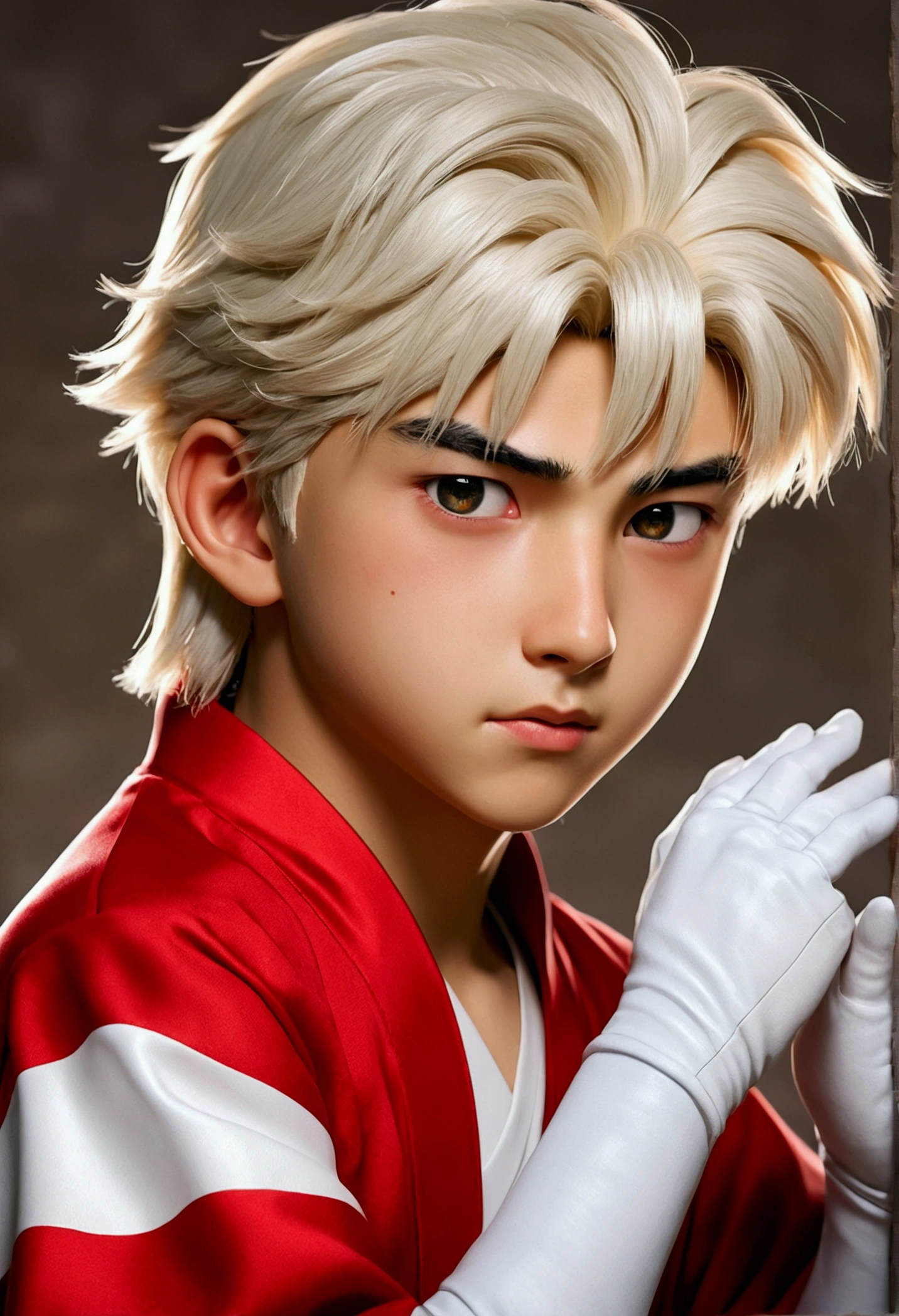 (work of art), {best qualityer},high détail,(ray tracing), (realisitic:1.0), photorealisitic,((1 young boy)), inuyasha,Beautiful Korean Idol, giorno,  , cowboy_outlet, (eyes large)