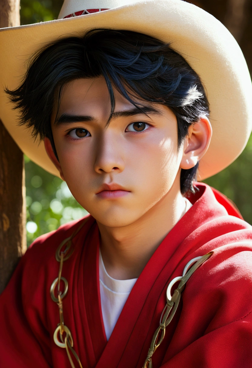 (work of art), {best qualityer},high détail,(ray tracing), (realisitic:1.0), photorealisitic,((1 young boy)), inuyasha,Beautiful Korean Idol, giorno,  , cowboy_outlet, (eyes large)