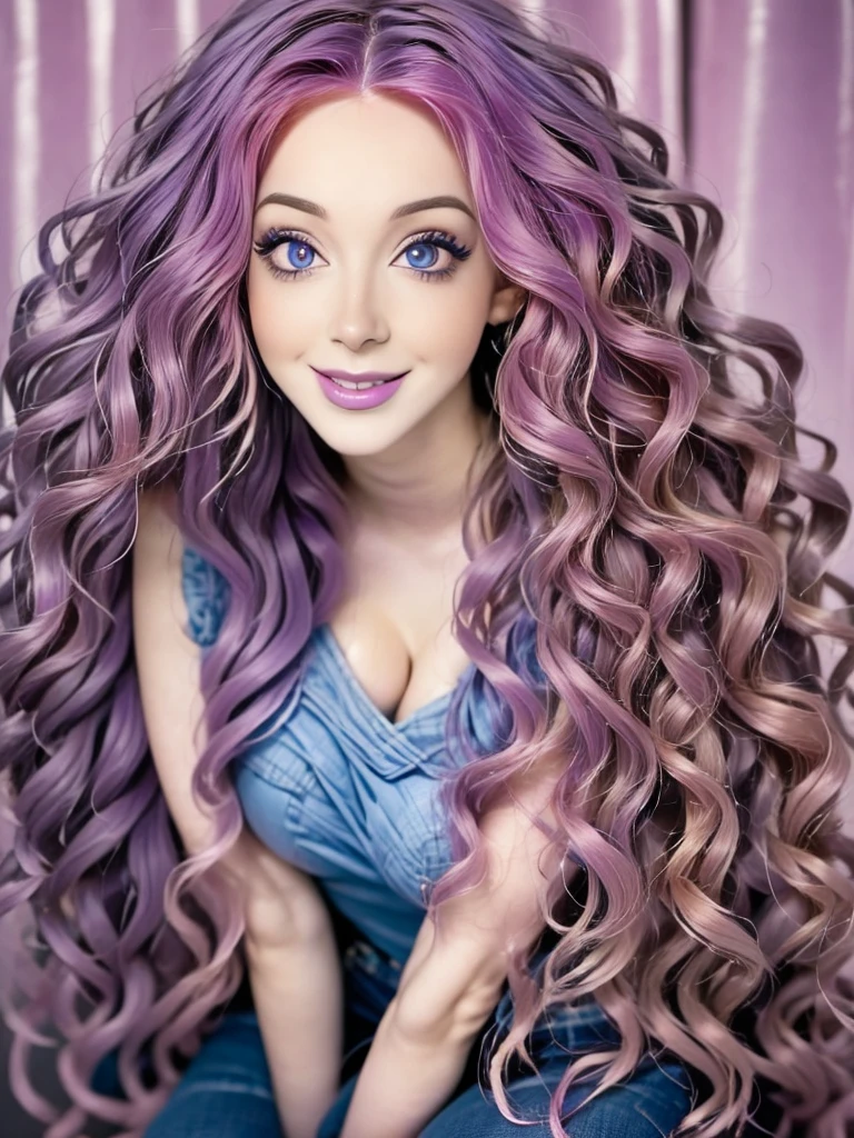 a close up of a woman with a purple hair and piercings, messy curly pastel hair, lilac hair, lavender hair, long light purple hair, pale skin and purple eyes, lavender eyes, pale skin curly blond hair, piercing grey eyes, big piercing eyes, long wavy purple hair, silver curly hair, pastel goth, she has purple hair