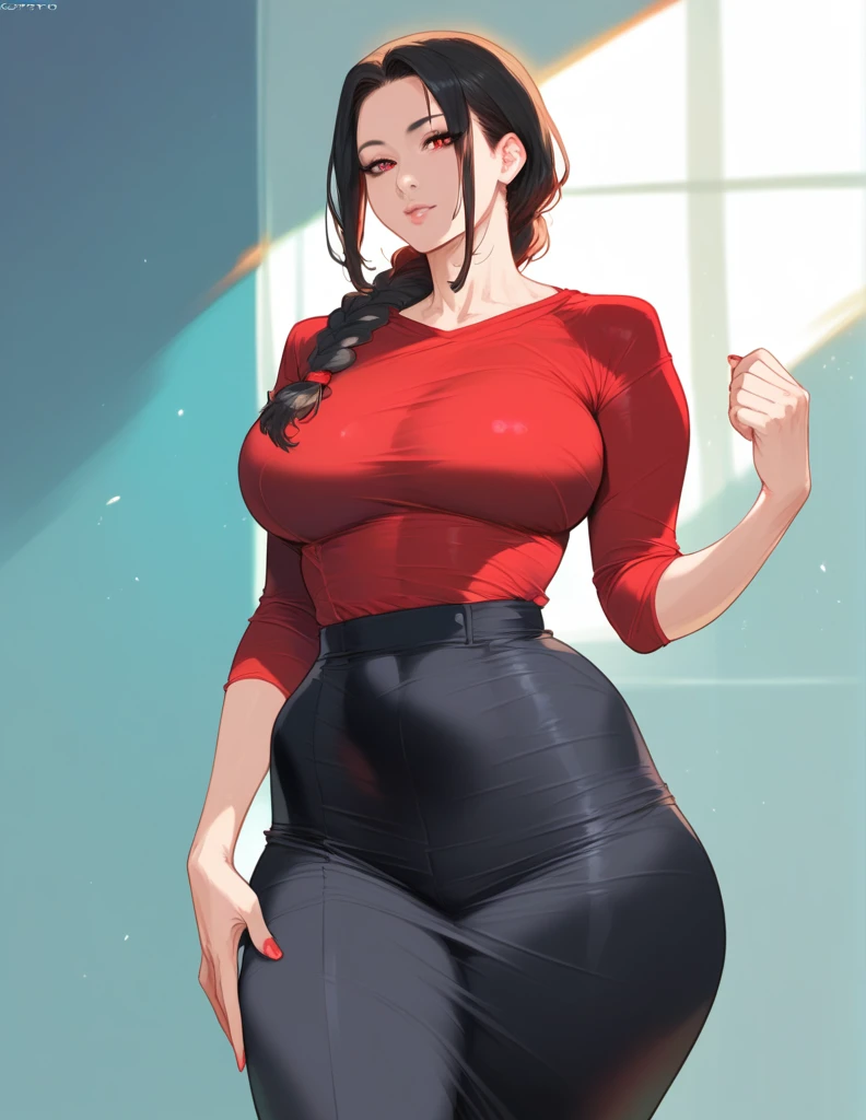 mixed_artstyle, 1 girl, Alone, hands, Asian, Black skin, braided hair, hair with red tips, red shirt, Long black skirt, red eyes, realistic, textures, 8K, perfect hand, perfect anatomy, visible curves,