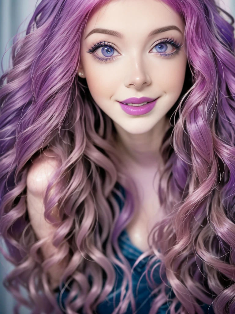 a close up of a woman with a purple hair and piercings, a picture inspired by Elsa Bleda, tumblr, rococo, messy curly pastel hair, lilac hair, lavender hair, long light purple hair, pale skin and purple eyes, lavender eyes, pale skin curly blond hair, piercing grey eyes, big piercing eyes, long wavy purple hair, silver curly hair