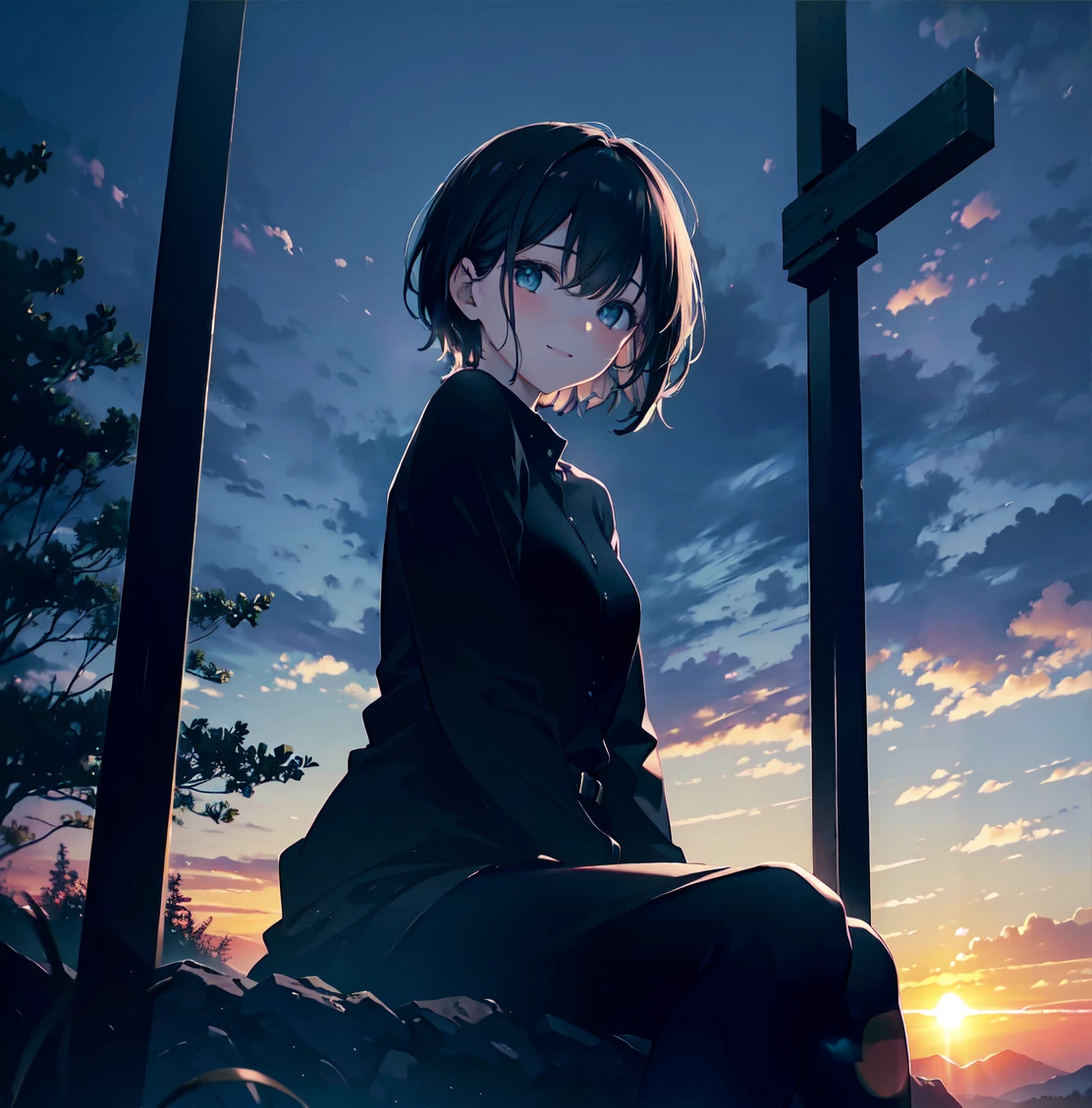 (Dark Scene, Soft lighting, High saturation):1.4, Vivid lighting, Enchanting elegance, Atmospheric Depth, Great technology, Naturalistic representation, Harmonious composition, Creative refinement, Striking contrast,
(One beautiful girl), Sitting, smile, Expose, Short black hair
((sunset)),Volumetric Fog, Outdoor, Backlight