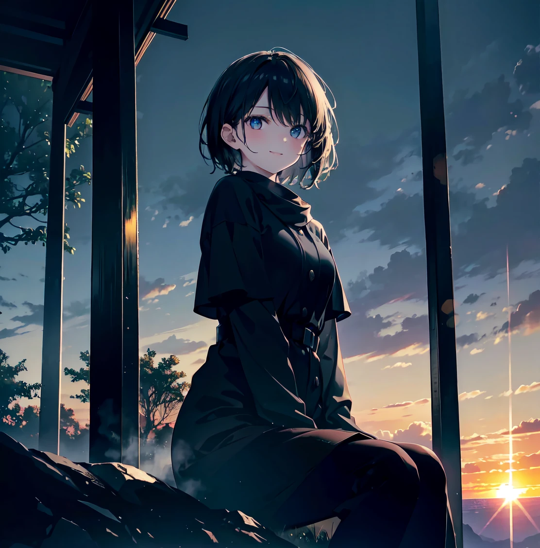 (Dark Scene, Soft lighting, High saturation):1.4, Vivid lighting, Enchanting elegance, Atmospheric Depth, Great technology, Naturalistic representation, Harmonious composition, Creative refinement, Striking contrast,
(One beautiful girl), Sitting, smile, Expose, Short black hair
((sunset)),Volumetric Fog, Outdoor, Backlight