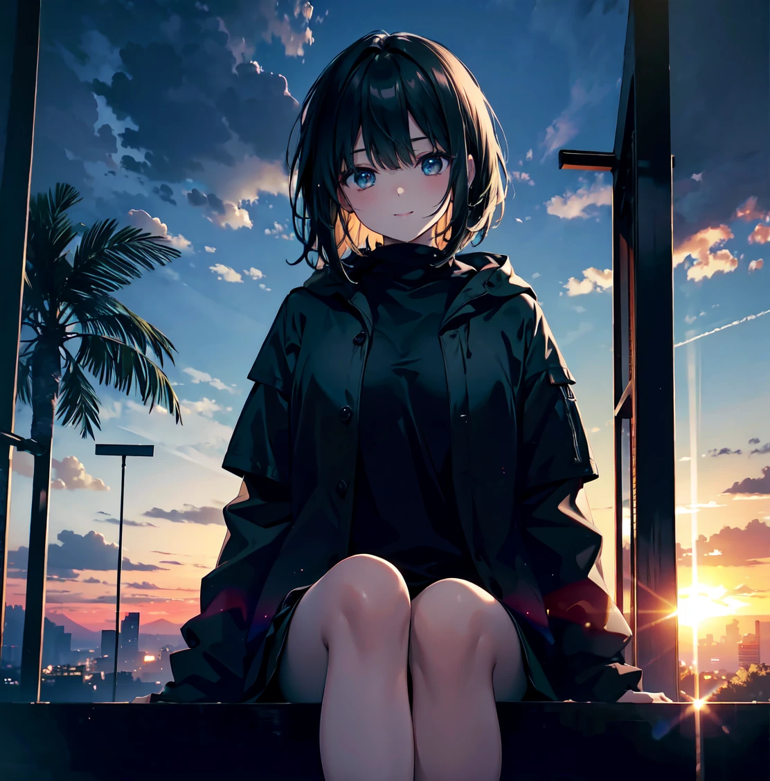 (Dark Scene, Soft lighting, High saturation):1.4, Vivid lighting, Enchanting elegance, Atmospheric Depth, Great technology, Naturalistic representation, Harmonious composition, Creative refinement, Striking contrast,
(One beautiful girl), Sitting, smile, Expose, Short black hair
((sunset)),Volumetric Fog, Outdoor, Backlight