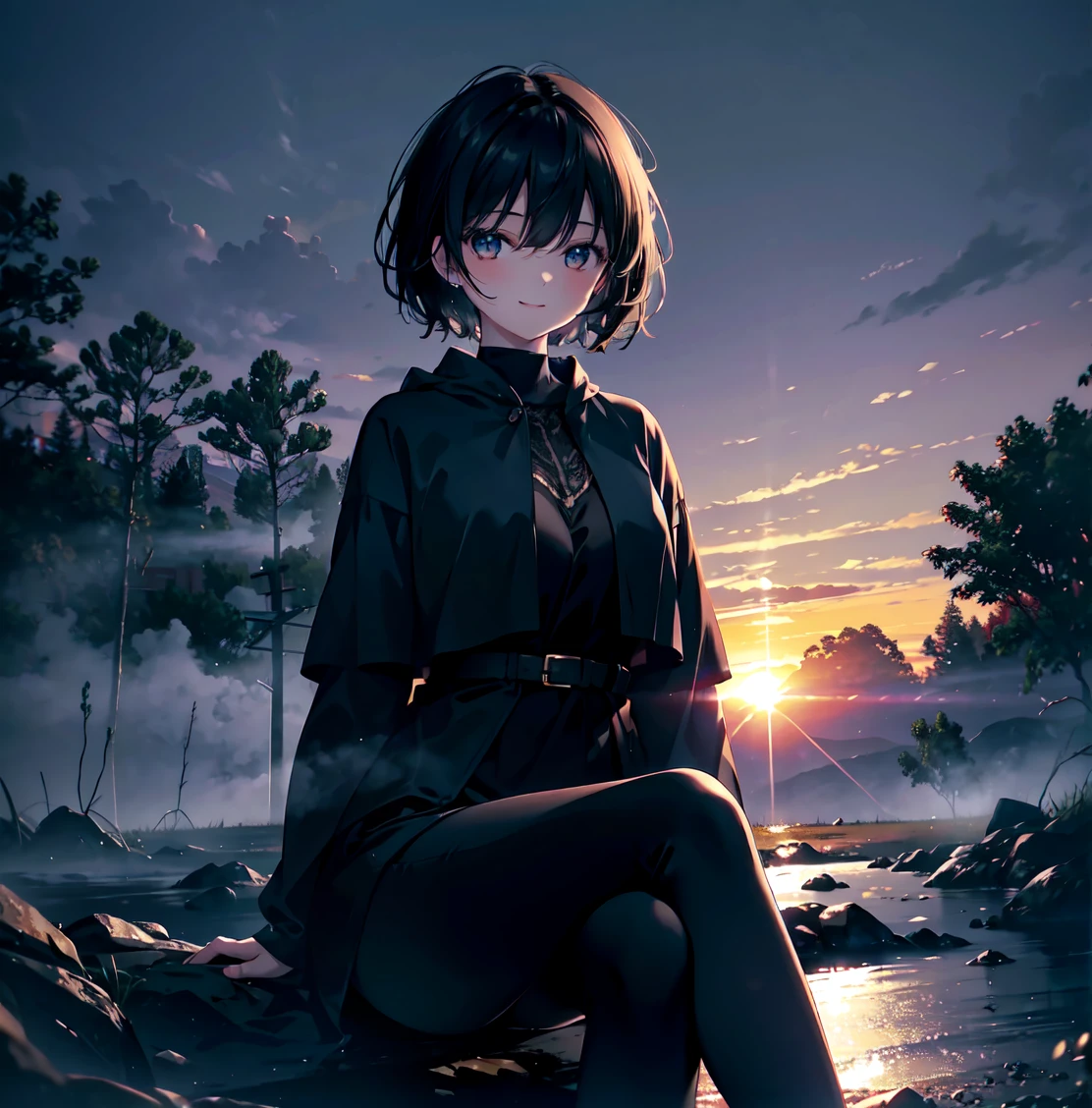 (Dark Scene, Soft lighting, High saturation):1.4, Vivid lighting, Enchanting elegance, Atmospheric Depth, Great technology, Naturalistic representation, Harmonious composition, Creative refinement, Striking contrast,
(One beautiful girl), Sitting, smile, Expose, Short black hair
((sunset)),Volumetric Fog, Outdoor, Backlight