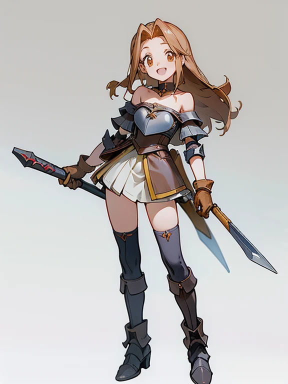 
((1 masterpiece, high resolution, best quality, 4k quality)), beautiful imagen, same character, 1 girl, solo,  in love, excited,very happy, smile, open mouth, adventurers, musketeer, rpg, medium breasts, golden almond eyes, long brown hair, drill hair, hip bones, collarbone, skirt, school skirt, blouse, school blouse, ((leather armor)), leather gloves, asymmetrical gloves, leather boots, asymmetrical footwear, heeled boots, shoulder armor, ((single shoulder)), leather corsette, chest harness, full body, standing, ,simple background, gray background,
