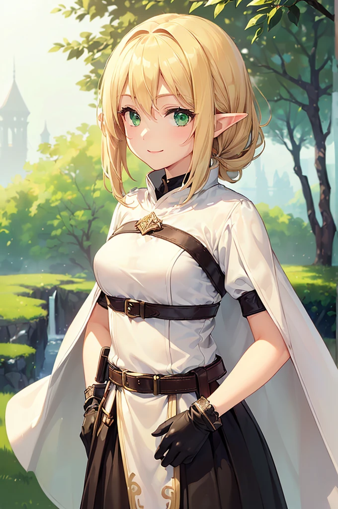 (((masterpiece; best quality: 1.2))), (finely detailed eyes: 1.3), (25 year old elf woman), (solo), (green eyes: 1.4), (body; lithe, fit, femenine: 1.3), (silky blonde hair in low ponytail: 1.3), (beautiful and clear background: 1.2), ((depth of field)), (equipment: adventurer attire + modest + long white tunic-coat + black longskirt + gloves + belt + pouches: 1.3), (anime illustration: 1.2), (background composition; royal garden: 1.1), (extremely fine and beautiful: 1.1), (shot composition; standing + centered on torso + close-up: 1.5), (expression; calm, smile: 1.2)