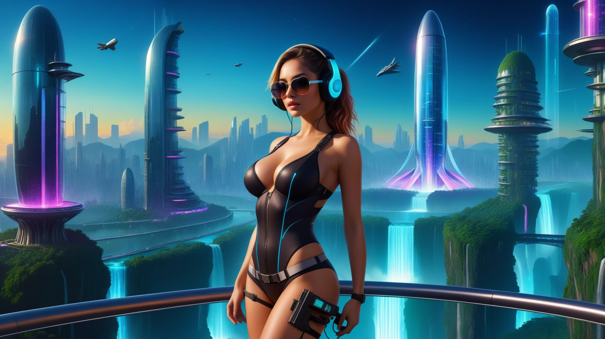 Futuristic floating city, huge high-tech tablet platform, airship, colorful lights, skyscrapper, transparent path, lush greenery, sky gardens, waterfalls, sparkling river, transparent dome, walkway, tower, dark night, holographic display, aerial view. (((((1girl, solo, alone))))), large-breast:1.2 slim body, cleavage:1.1, sexy clothes, (headphone, black sunglasses), (((standing and holding pistol pose))), (((half-body thigh level medium shot))), cinematic lighting, lens flare, ray tracing.