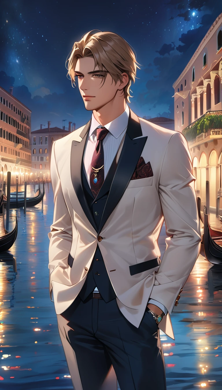 Reincarnation of Roman Emperor Constantine the Great, Independent man, 20th generation, hardworking and competent, skilled businessman, wearing a suit, honest, kind, Although mild-mannered、Ruthless if necessary, lion eyes, bright and sharp eyes, Night view of Venice, contemporary, Elegant and luxurious, Hyper image quality, super beautiful, Detailed and exquisite,