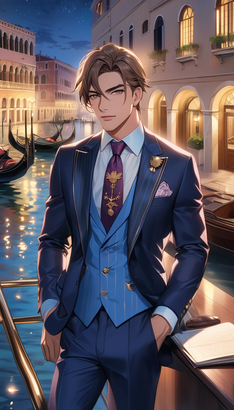 Reincarnation of Roman Emperor Constantine the Great, Independent man, 20th generation, hardworking and competent, skilled businessman, wearing a suit, honest, kind, Although mild-mannered、Ruthless if necessary, lion eyes, bright and sharp eyes, Night view of Venice, contemporary, Elegant and luxurious, Hyper image quality, super beautiful, Detailed and exquisite,