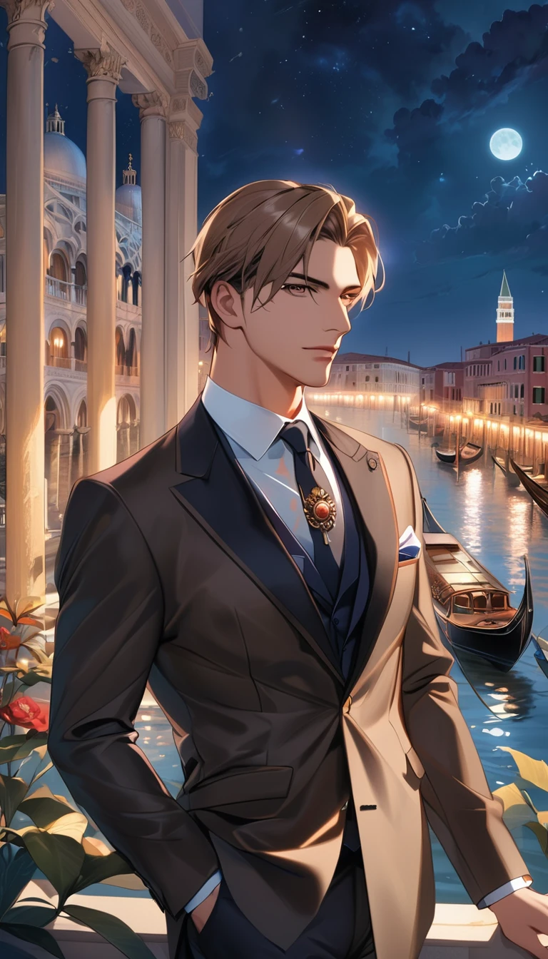 Reincarnation of Roman Emperor Constantine the Great, Independent man, 20th generation, hardworking and competent, skilled businessman, wearing a suit, honest, kind, Although mild-mannered、Ruthless if necessary, lion eyes, bright and sharp eyes, Night view of Venice, contemporary, Elegant and luxurious, Hyper image quality, super beautiful, Detailed and exquisite,