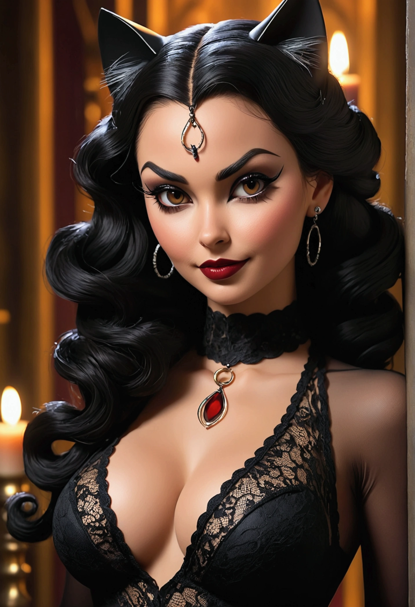 Full body shot Natti Natasha catwoman, ringlets wavy five feet long black hair, updo hairstyle with ponytail on one side and long hairpins holding the bun long braid, strong thighs, dark red glossy lips, heavy black eye shadow long black eyeliner, long sharp claws, black lace beautiful and creative catwoman bodysuit with no jewels, huge cleavage, clear ears no earrings, no earrings, no earrings, no earrings, no jewels, beautiful forehead lace ornament, posing in a feminine catwoman den, happy expression, dark ambience night time candle lights. No faces on her chest!
