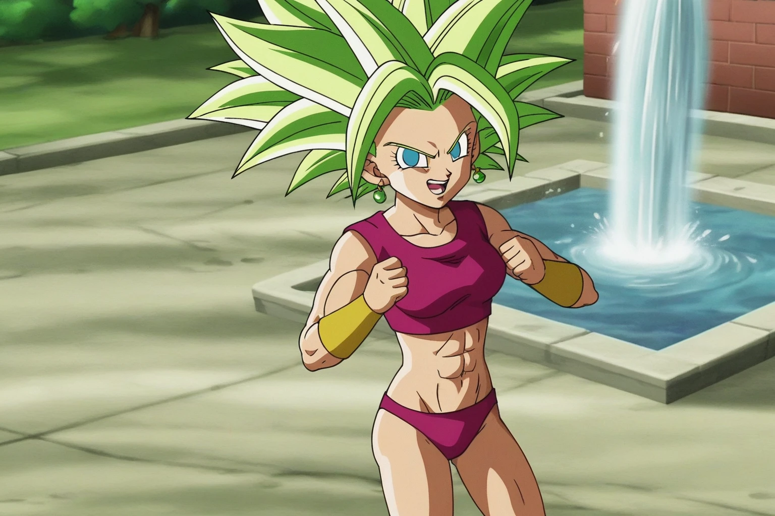 fountain_cheered up, score_9, score_8_above, score_7_above, cheered up screencap,
kefladb, 1 girl, Alone, looking at the viewer, SMILE, Open mouth, Blue eyes, belly button, potara earrings, green fur, diaphragm, muscular, ABS, spiky hair, aura, saboveer saiyan, blonde Eyebrows, clavicle, Eyebrows, eyelashes, green sky, no paboveils, medium_old, shadow, standing, toned, v-shaped Eyebrows, sexy bikini, pechos mediums, trasero medium, sexy butt, whole body
 
 